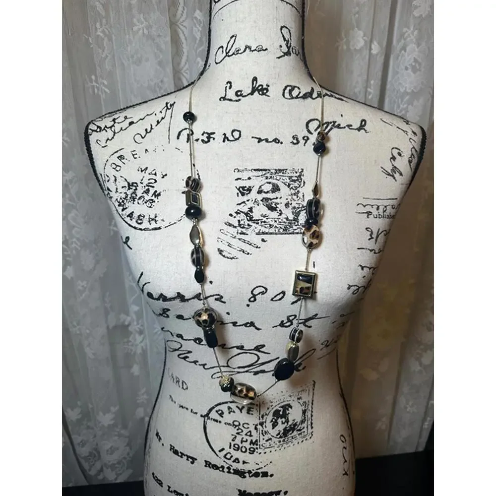 Long Black & Gold Beaded Statement Necklace – Leopard Print Accents - Picture 1 of 1